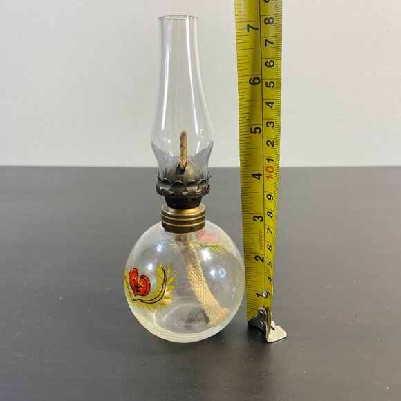 Miniature Oil Lamp Glass Hand Painted red White Flowers, Clear Top, Mini Lamp. - Picture 5 of 10